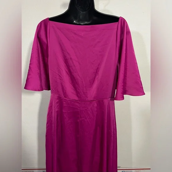 Banana Republic Satin Magenta Midi Dress Elegant Pink Flutter Sleeve Dress - Picture 8 of 13
